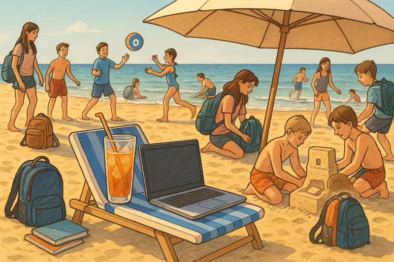 Ilustracja w stylu pół-realistycznym przedstawia letnią scenę na plaży. Na pierwszym planie znajduje się leżak z laptopem i szklanką zimnego napoju pod parasolem. W tle dzieci i młodzież (ok. 10–17 lat) bawią się: budują zamki z piasku, grają w piłkę plażową i kąpią się w morzu. Obok leżaka leżą szkolne plecaki i zeszyty, symbolizujące powrót do szkoły.