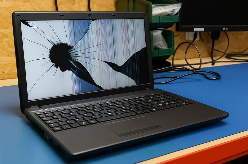 Laptop z uszkodzoną matrycą przygotowany do naprawy w serwisie komputerowym