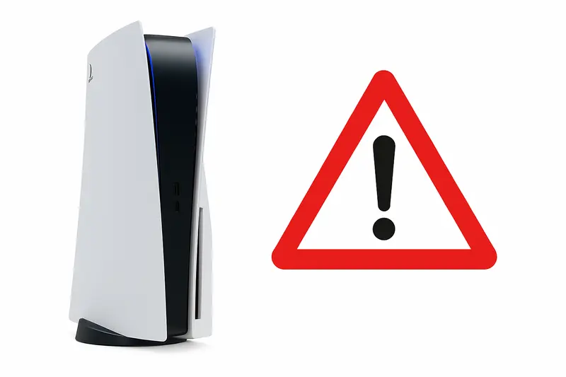 Konsola PlayStation 5 i czerwony znak ostrzegawczy na białym tle – problem z wyłączaniem PS5 podczas gry.