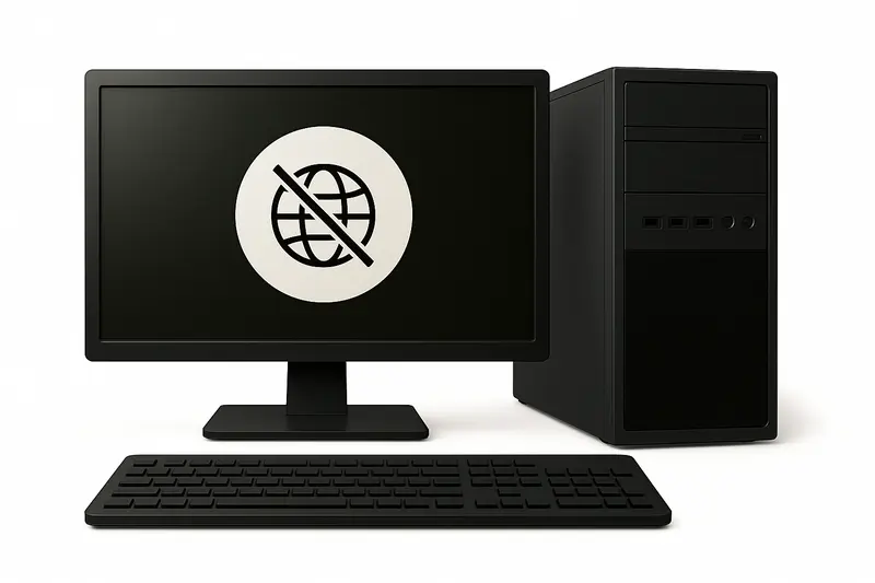 Komputer stacjonarny z ikoną braku internetu na ekranie – wizualizacja problemów z połączeniem sieciowym.