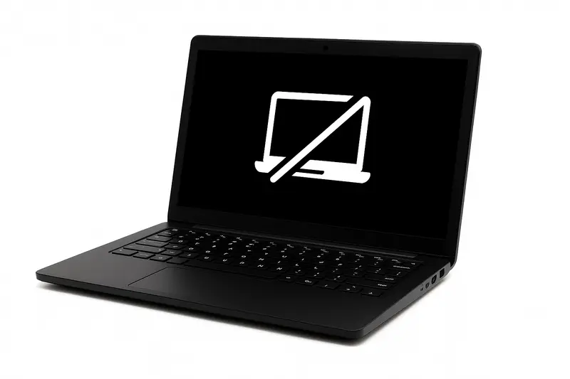 Realistyczna grafika laptopa z czarnym ekranem – brak obrazu, białe tło