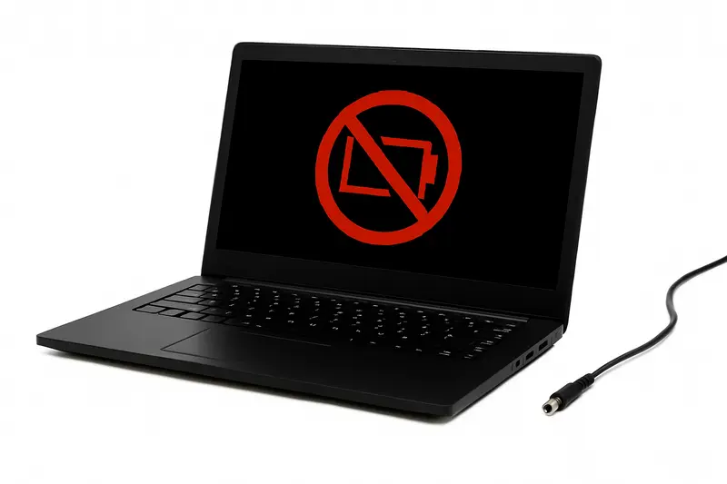 Realistyczna grafika laptopa z symbolem problemu ładowania – czerwony znak baterii