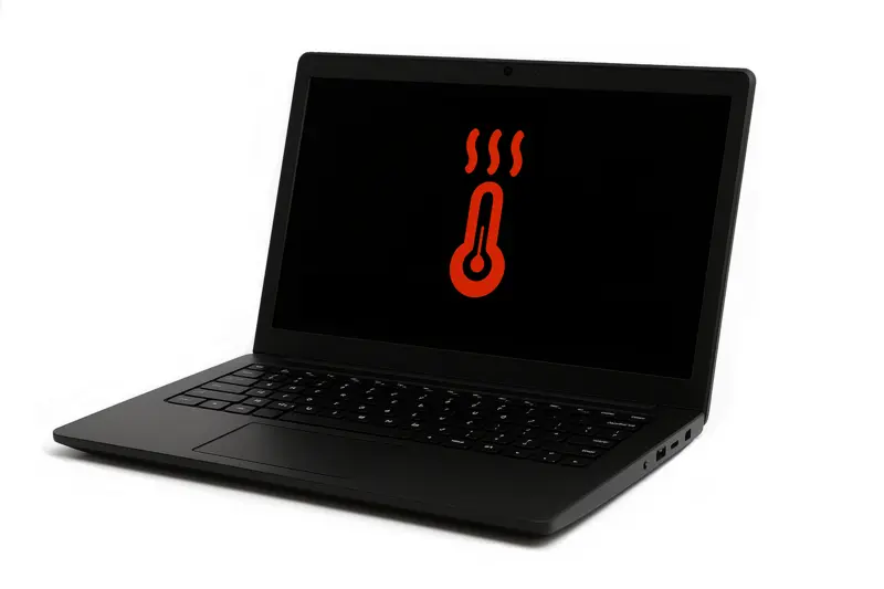 Ilustracja laptopa z ikoną gorącej temperatury – problem przegrzewania i hałasu
