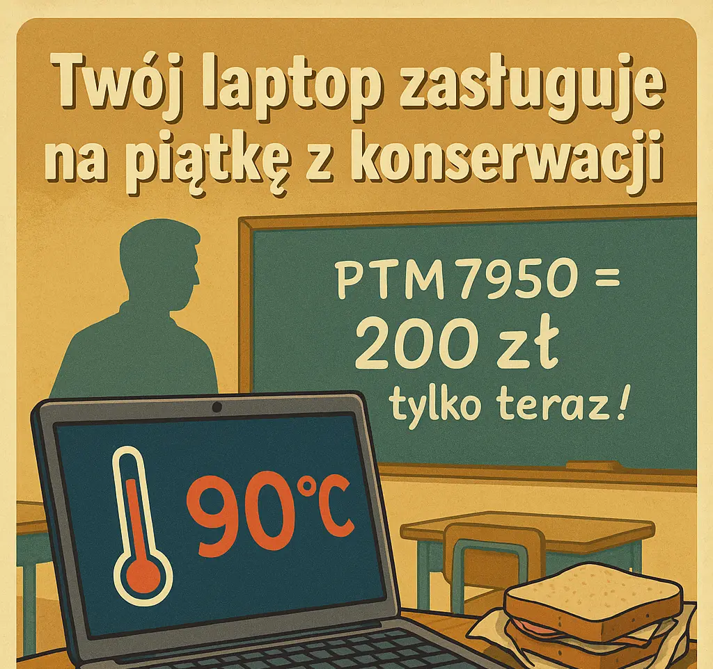 Ilustracja w stylu retro przedstawia laptopa stojącego na szkolnej ławce, z ekranem pokazującym temperaturę 90°C. W tle znajduje się zielona tablica z napisem „PTM7950 = 200 zł tylko teraz!”, a obok leży kanapka i zeszyt. Grafika promuje usługę konserwacji laptopa z użyciem pasty PTM7950 w serwisie LunarTech Zielona Góra.