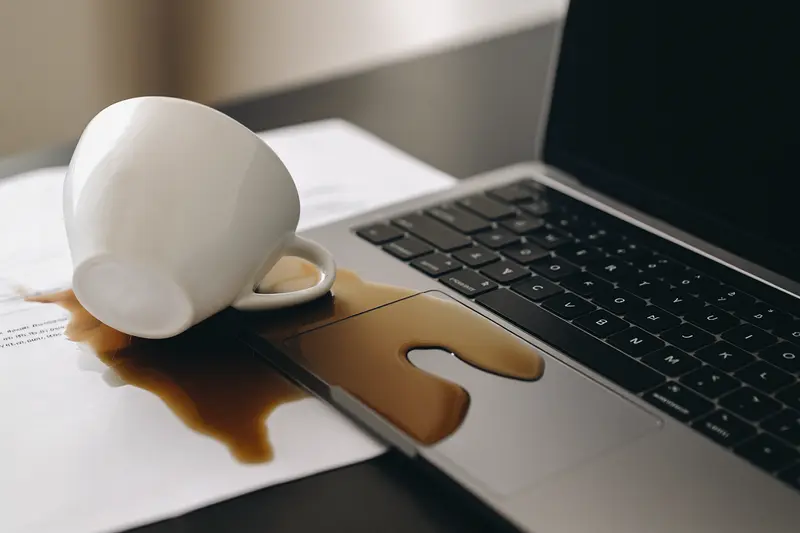 Rozlana kawa z przewróconej filiżanki na klawiaturę laptopa