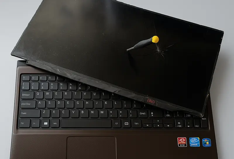 Laptop z uszkodzoną matrycą wyjętą z obudowy – przykład awarii wymagającej wymiany w serwisie laptopów.