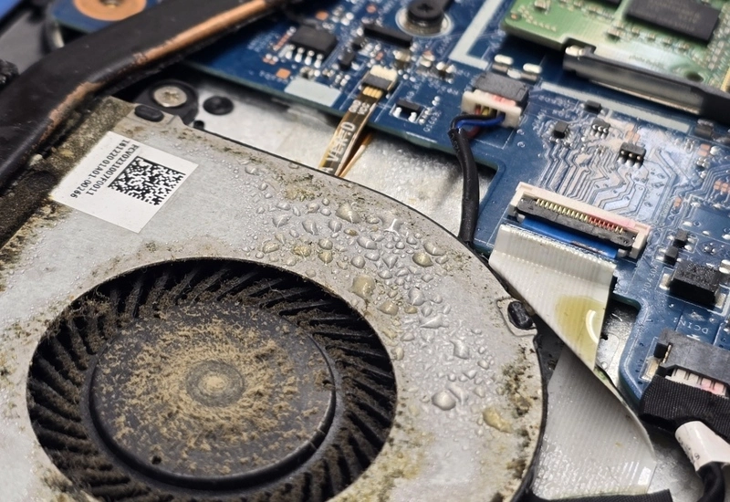 Zakurzony i wilgotny wentylator laptopa oraz płyta główna wymagające konserwacji i czyszczenia.