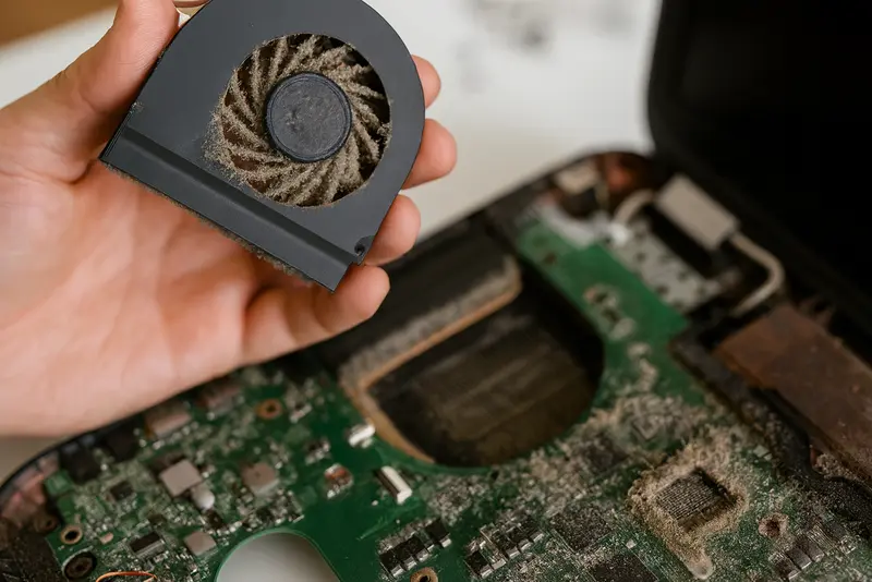 Zakurzony wentylator laptopa podczas demontażu w serwisie komputerowym.