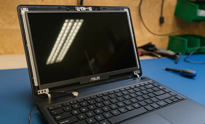 Laptop ASUS w trakcie demontażu matrycy podczas naprawy w serwisie komputerowym.